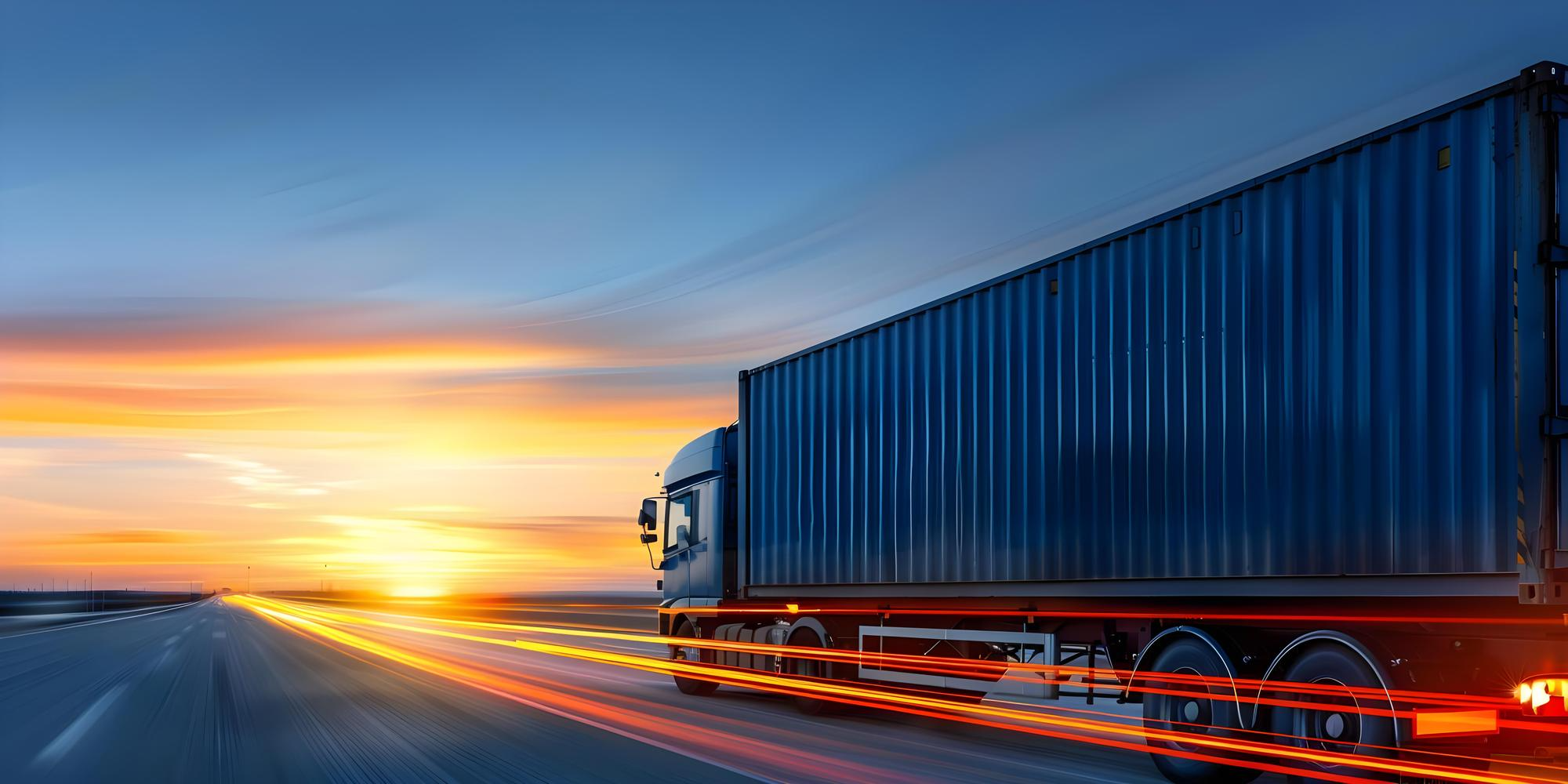 Truck driving beside a container port at sunset
